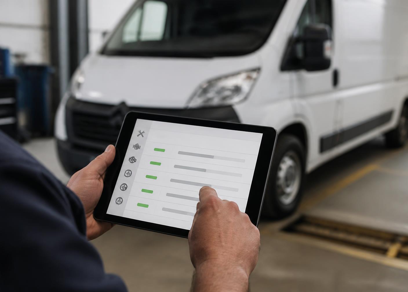 Tabletă cu planul de mentenanță al unui vehicul de flotă, în atelierul SentioRepair